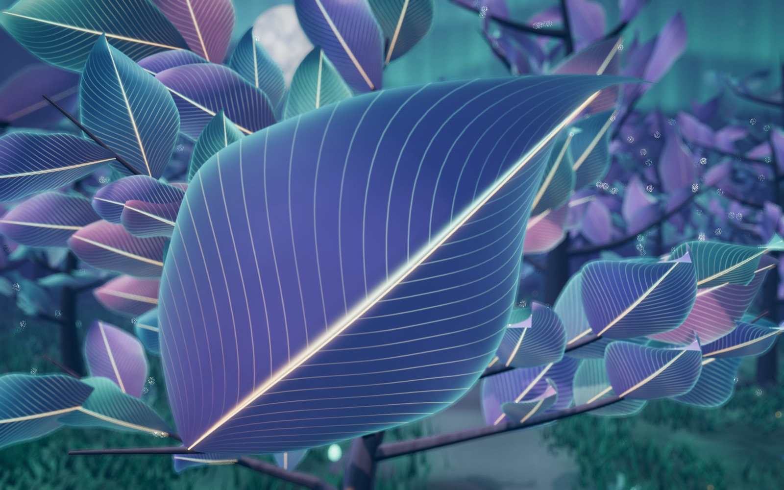 Actual Luminaria render: the hero leaf sharp in front of a soft canopy and the moon.