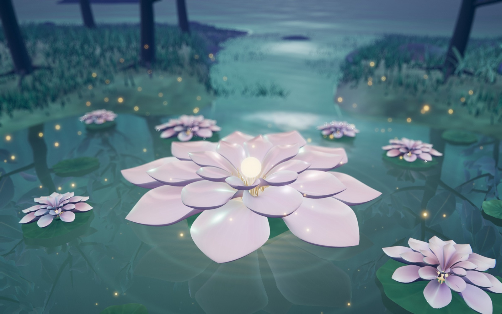 Actual Luminaria render: the open water lily with its pearl of light, fireflies over the pond.