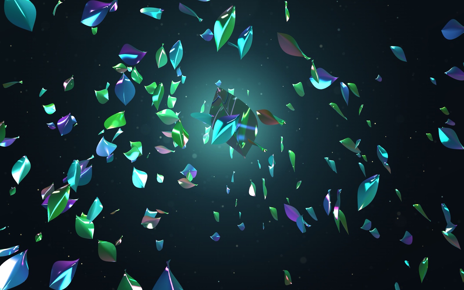 Actual Luminaria render: the opening storm of chromatic glass leaves around the hero leaf.